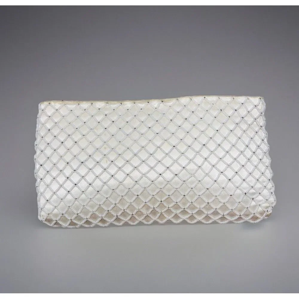 Vintage Richere‎ Clutch White Ivory Seed Beaded Evening Bag Purse Bridal
